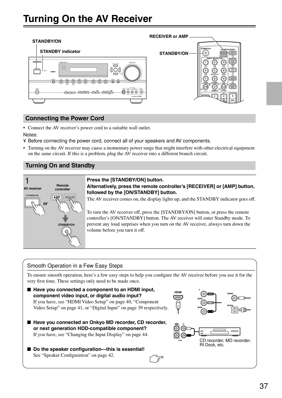 Onkyo HT-R640 instruction manual Turning On the AV Receiver, Connecting the Power Cord, Turning On and Standby 