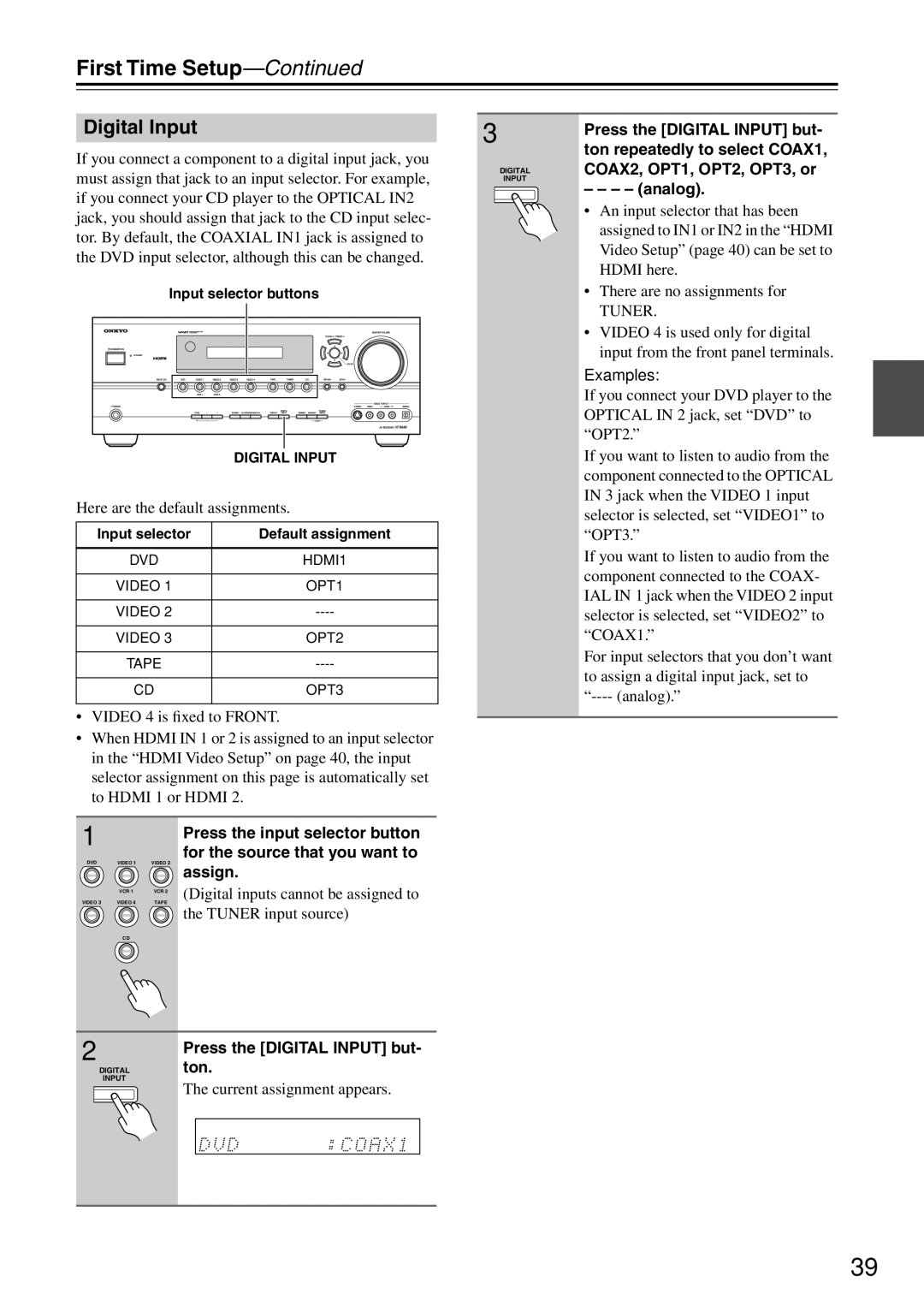 Onkyo HT-R640 instruction manual First Time Setup, Digital Input 