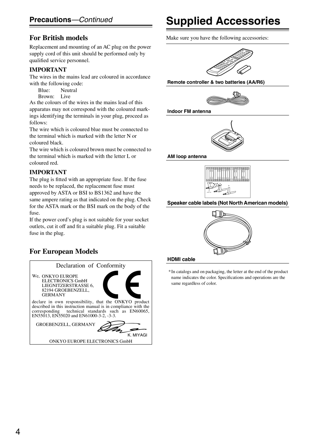 Onkyo HT-R640 instruction manual Supplied Accessories, Precautions, Make sure you have the following accessories 