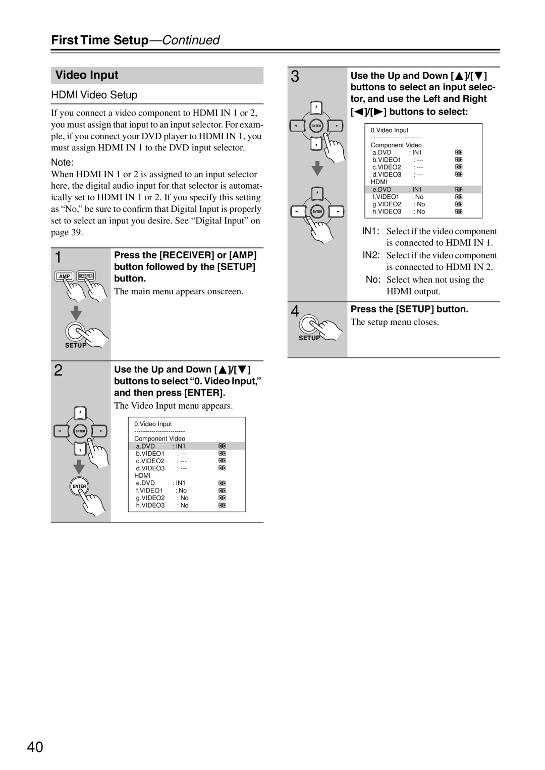 Onkyo HT-R640 instruction manual Video Input, Hdmi Video Setup 