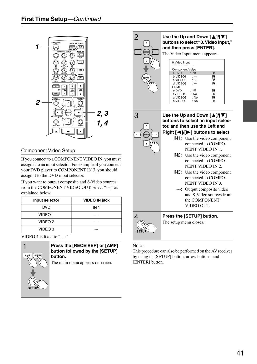 Onkyo HT-R640 instruction manual Component Video Setup, Video 4 is ﬁxed to, IN1 Use the video component, Connected to Compo 