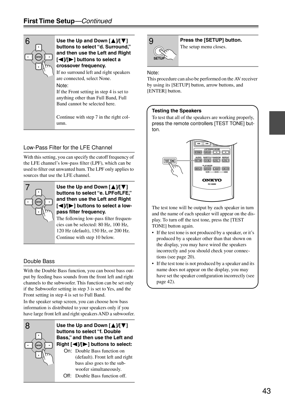 Onkyo HT-R640 instruction manual Low-Pass Filter for the LFE Channel, Double Bass, Testing the Speakers 