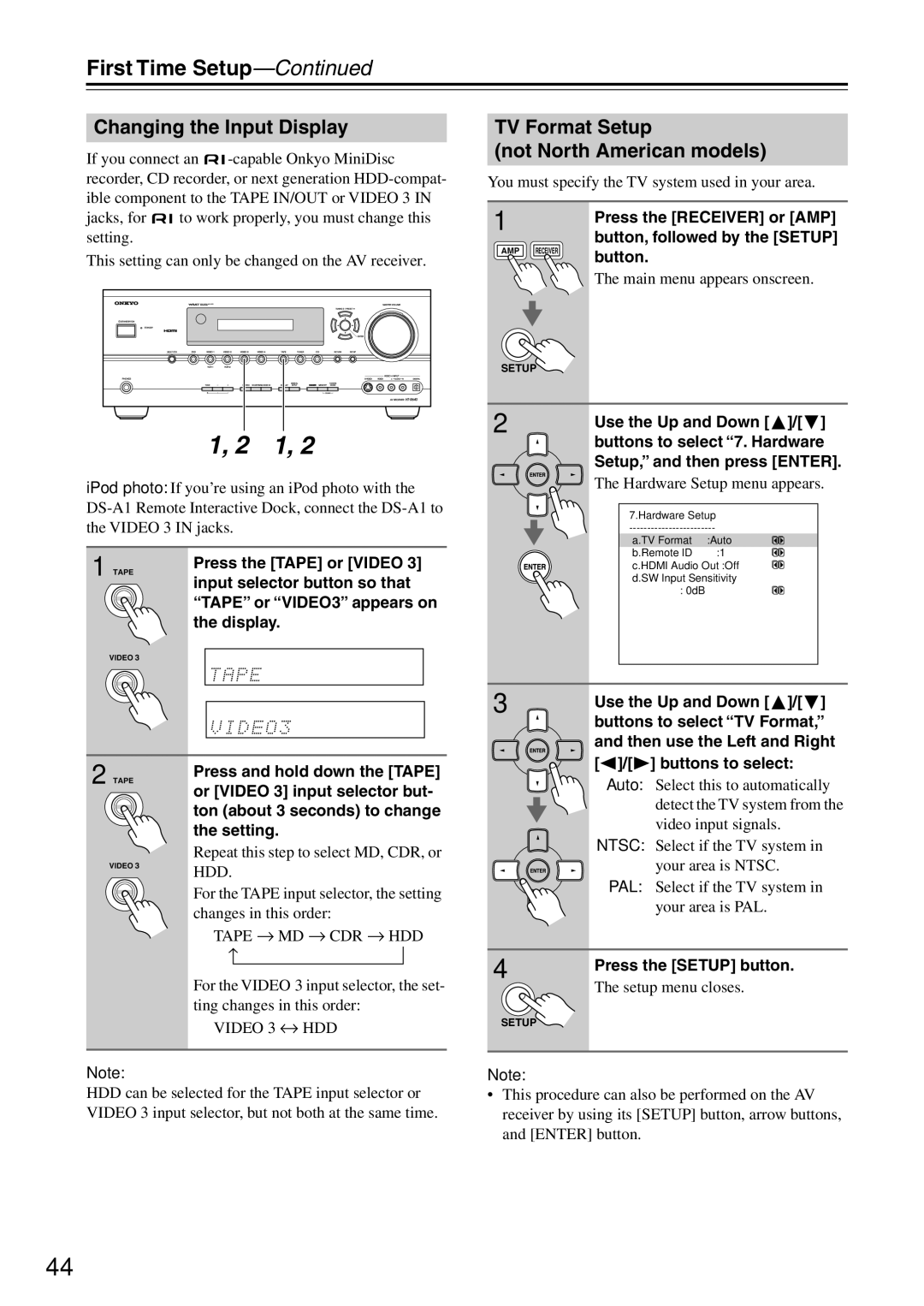 Onkyo HT-R640 instruction manual Changing the Input Display, TV Format Setup Not North American models 