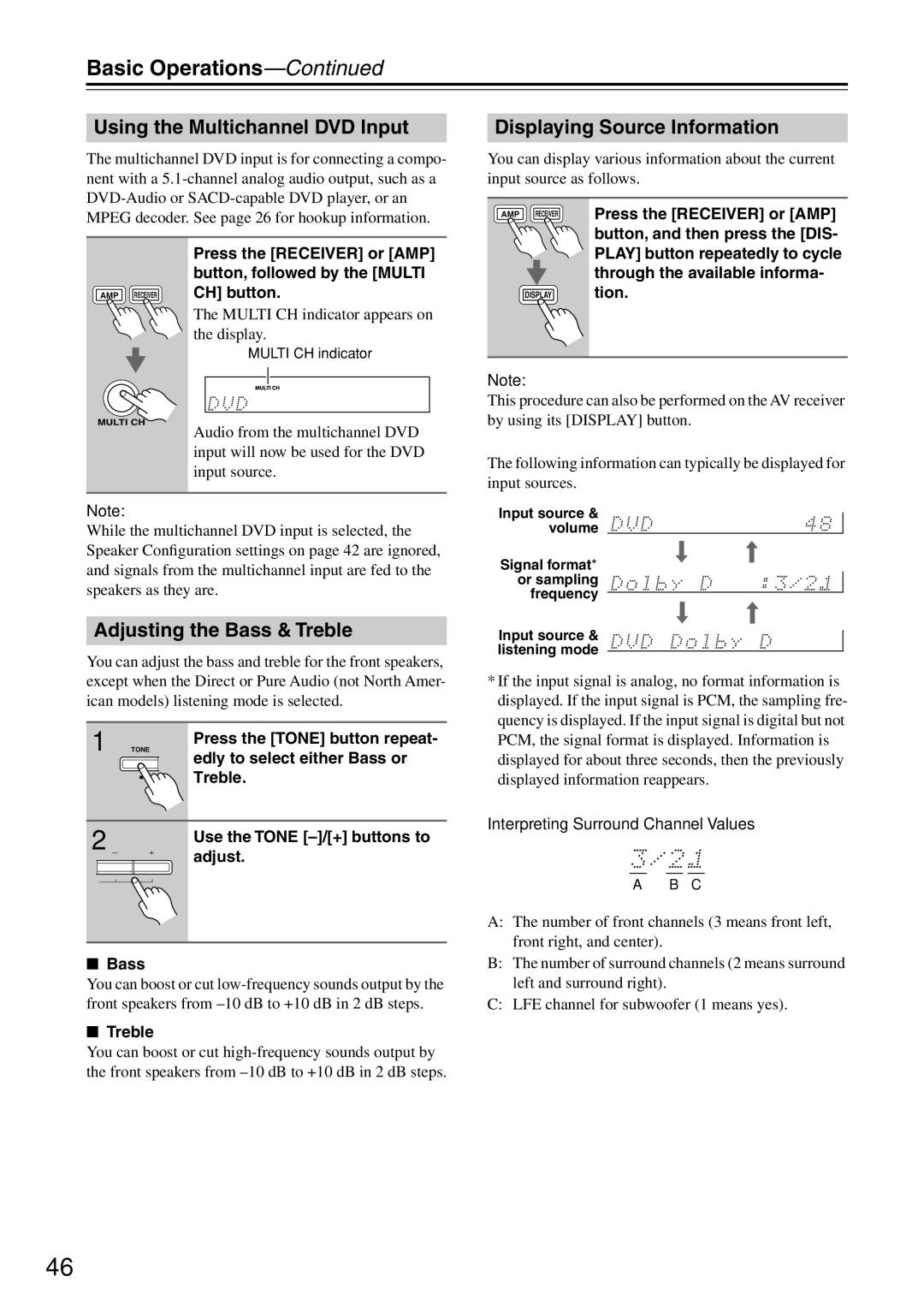 Onkyo HT-R640 instruction manual Basic Operations, Using the Multichannel DVD Input, Adjusting the Bass & Treble 