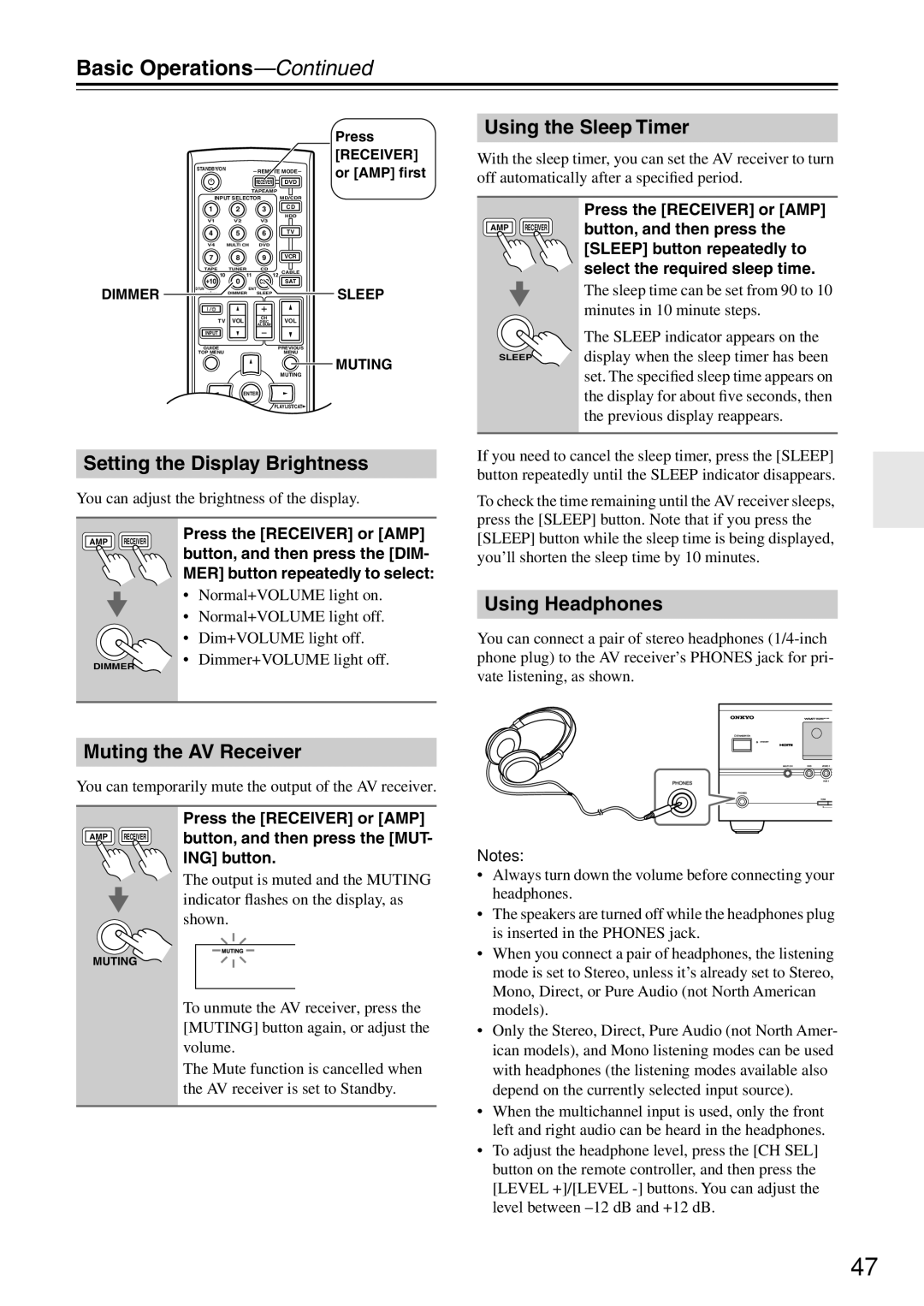 Onkyo HT-R640 Using the Sleep Timer, Setting the Display Brightness, Using Headphones, Muting the AV Receiver 