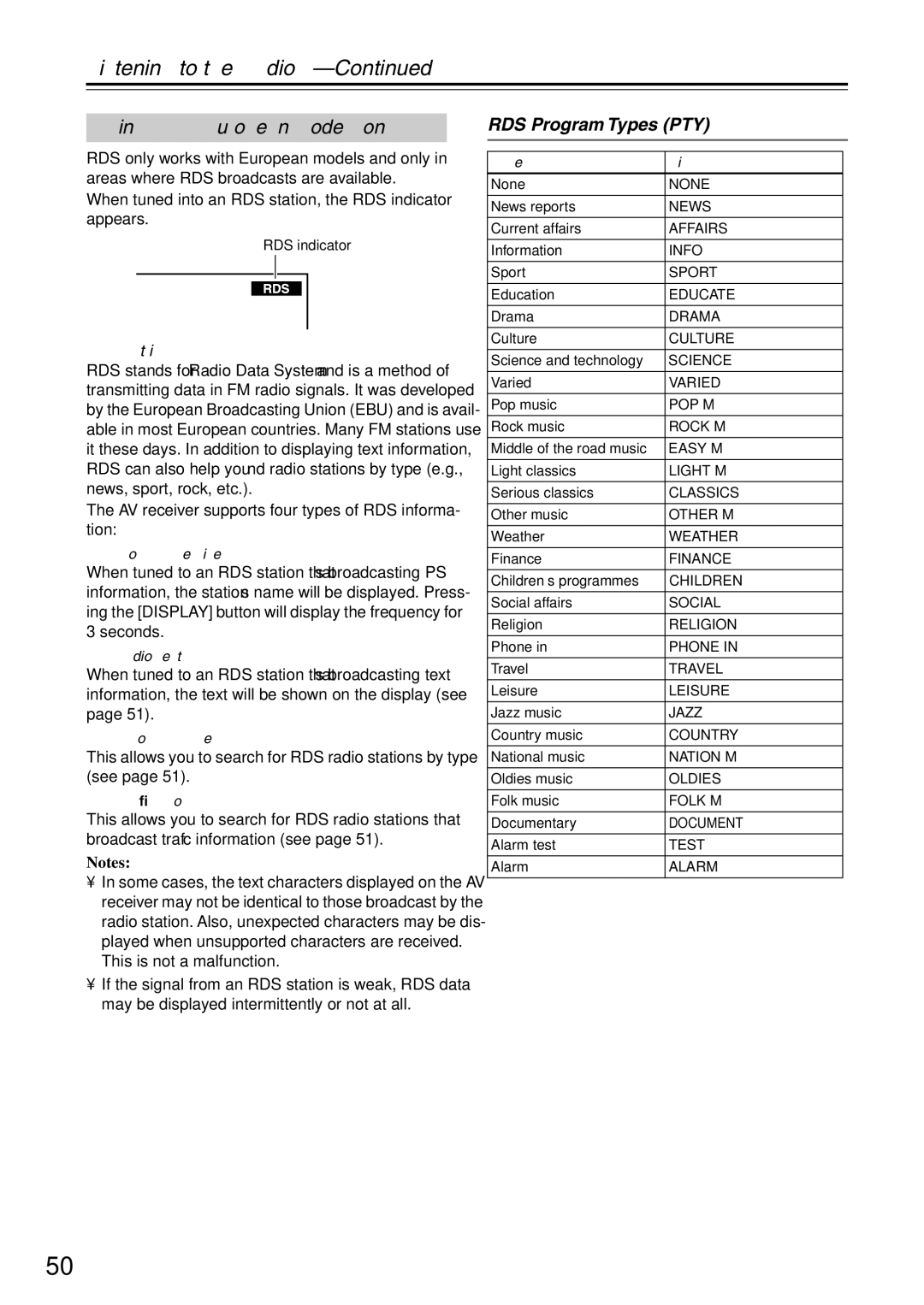 Onkyo HT-R640 instruction manual Using RDS European models only, RDS Program Types PTY, What is RDS? 