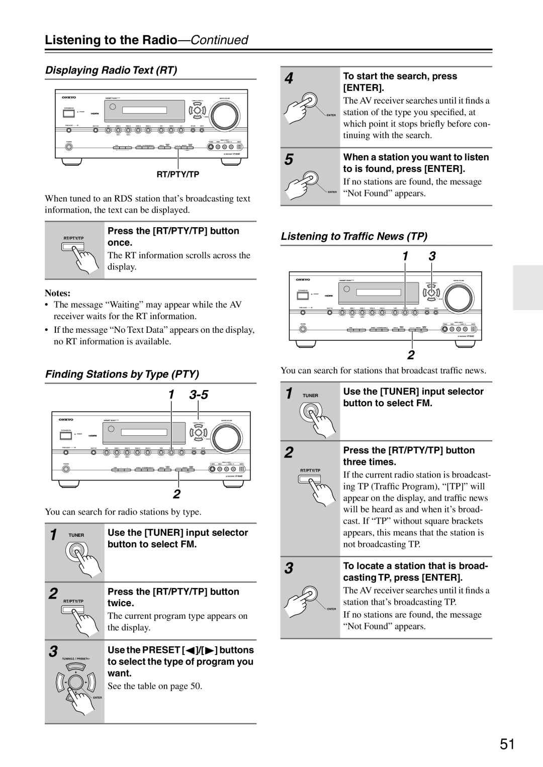 Onkyo HT-R640 instruction manual Displaying Radio Text RT, Listening to Trafﬁc News TP, Finding Stations by Type PTY 