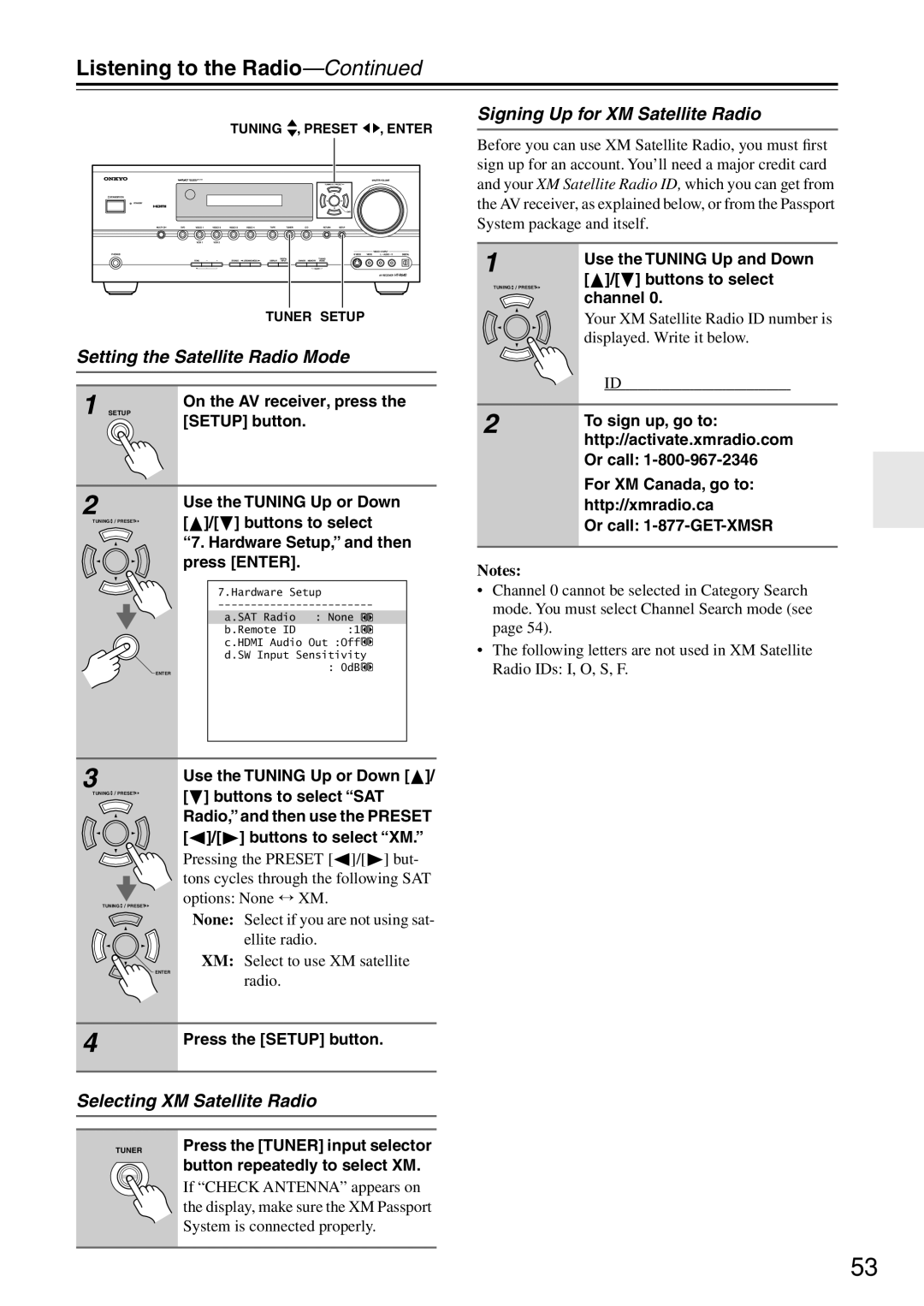 Onkyo HT-R640 Setting the Satellite Radio Mode, Signing Up for XM Satellite Radio, Selecting XM Satellite Radio 