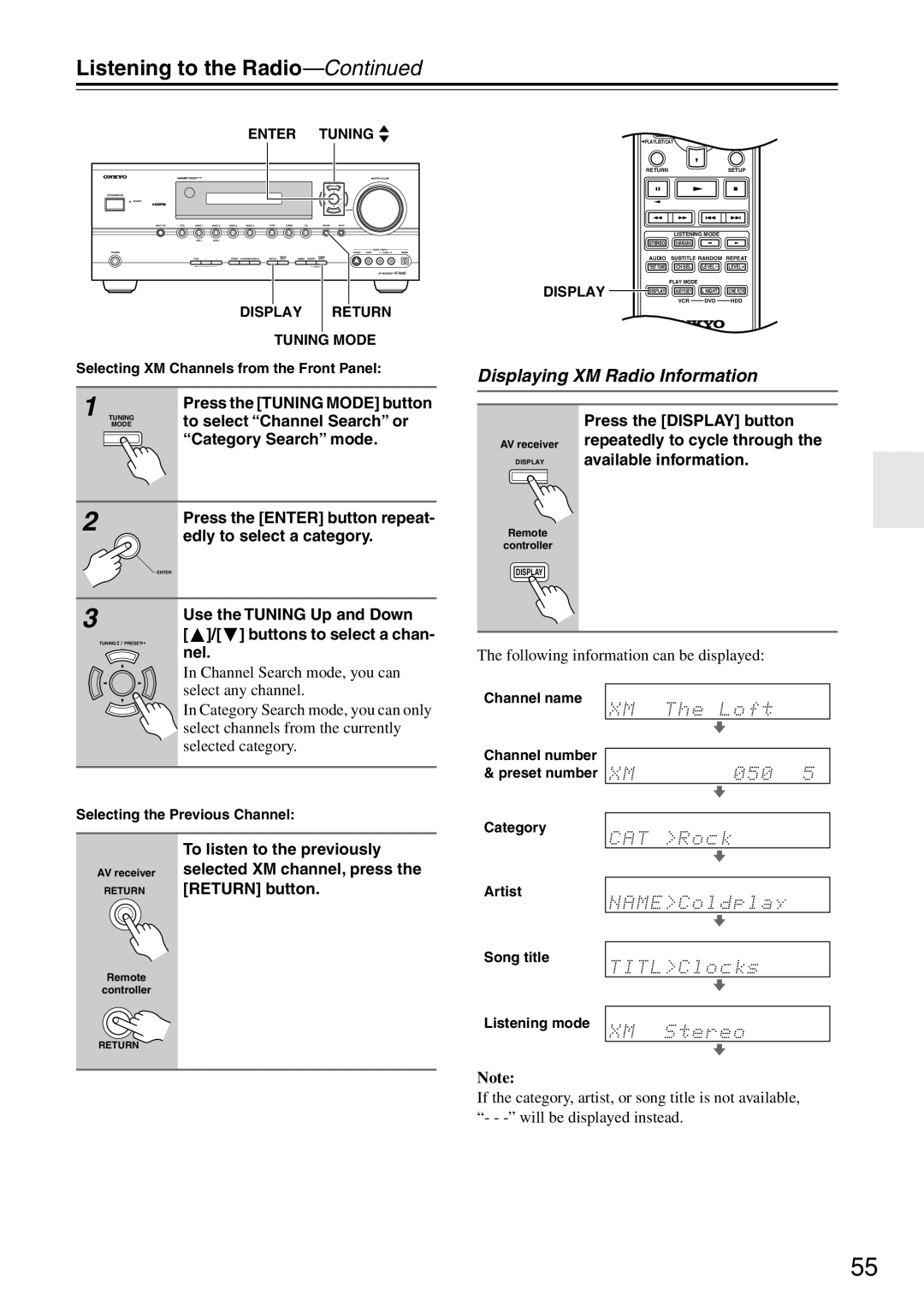 Onkyo HT-R640 instruction manual Displaying XM Radio Information 