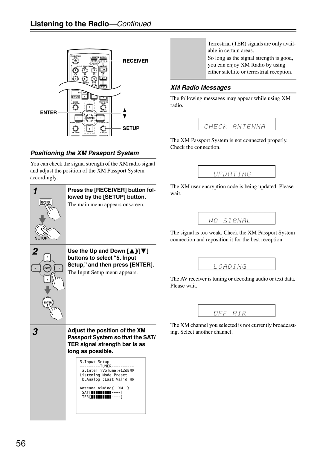 Onkyo HT-R640 instruction manual XM Radio Messages, Positioning the XM Passport System 