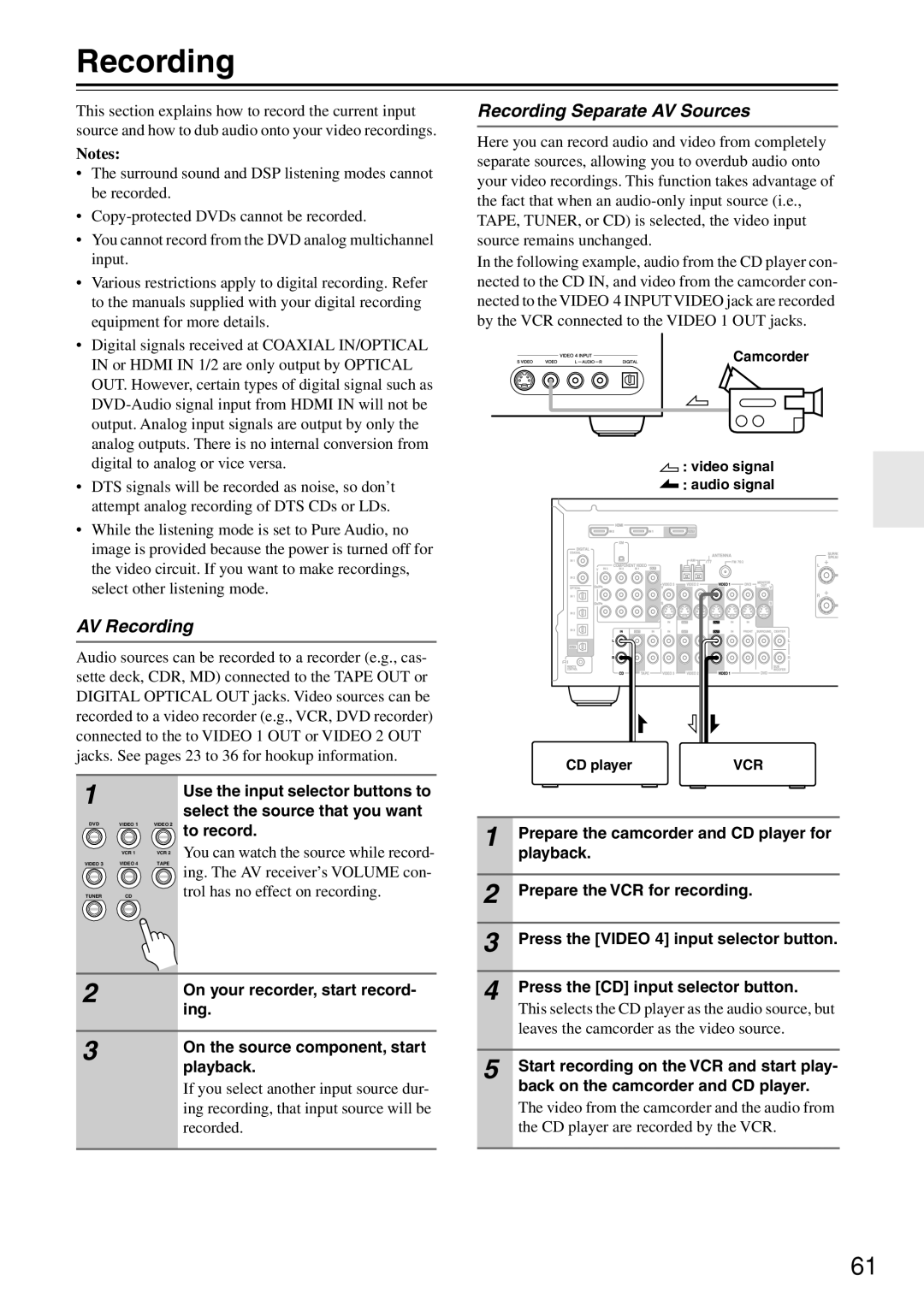 Onkyo HT-R640 instruction manual AV Recording, Recording Separate AV Sources 