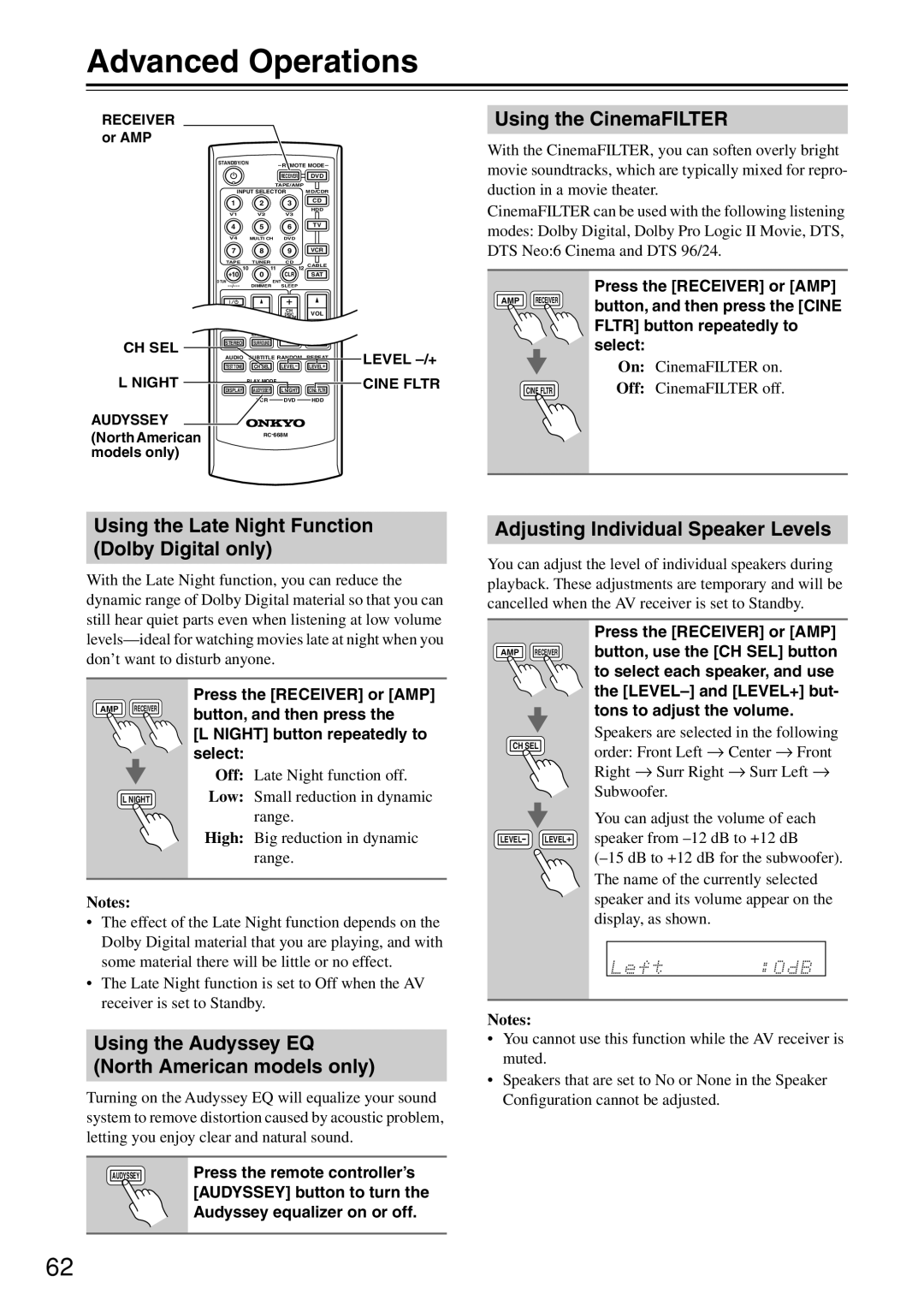 Onkyo HT-R640 Advanced Operations, Using the CinemaFILTER, Using the Late Night Function Dolby Digital only 