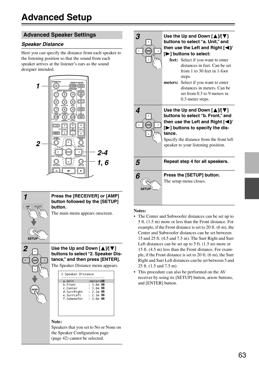 Onkyo HT-R640 instruction manual Advanced Setup, Advanced Speaker Settings, Speaker Distance, Tance, and then press Enter 