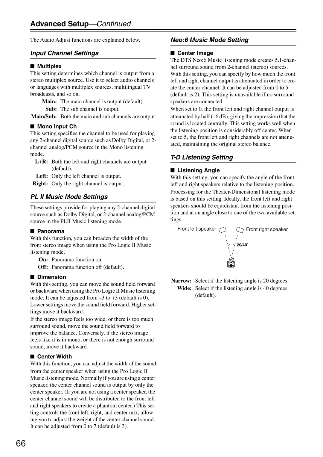 Onkyo HT-R640 Input Channel Settings, PL II Music Mode Settings, Neo6 Music Mode Setting, Listening Setting 