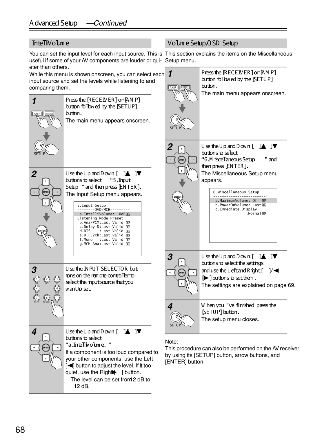 Onkyo HT-R640 Volume Setup/OSD Setup, Use the Up and Down Buttons to select a. IntelliVolume, Miscellaneous Setup 