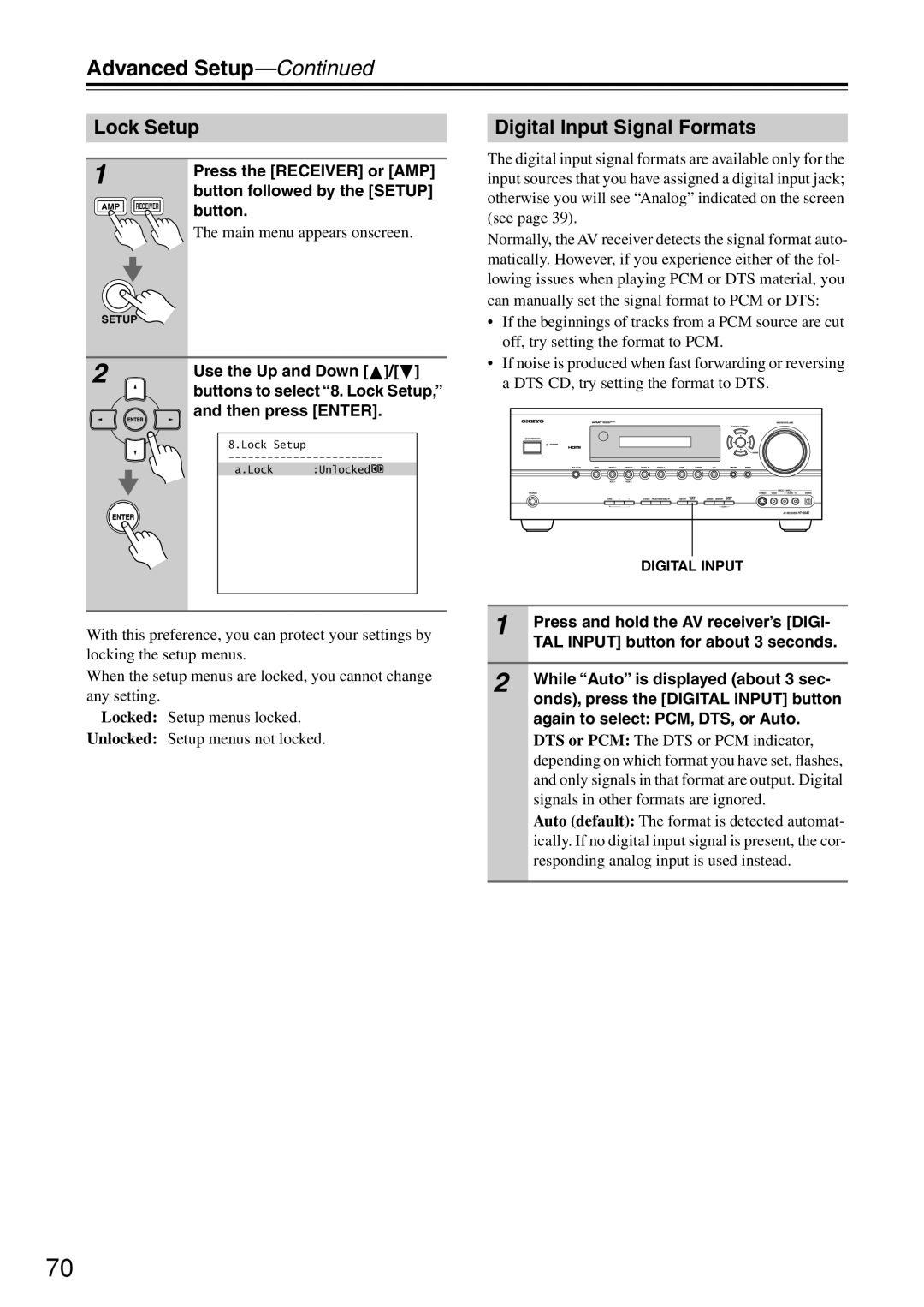 Onkyo HT-R640 instruction manual Lock Setup, Digital Input Signal Formats, Press and hold the AV receiver’s Digi 