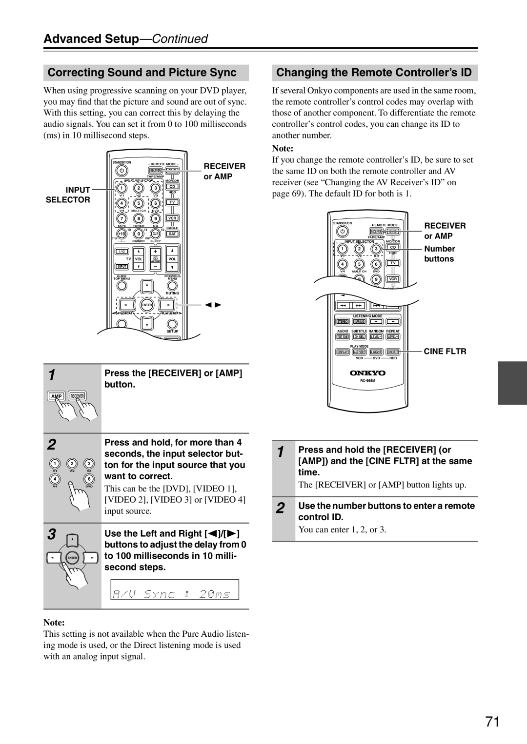 Onkyo HT-R640 Correcting Sound and Picture Sync, Changing the Remote Controller’s ID, Receiver or AMP button lights up 