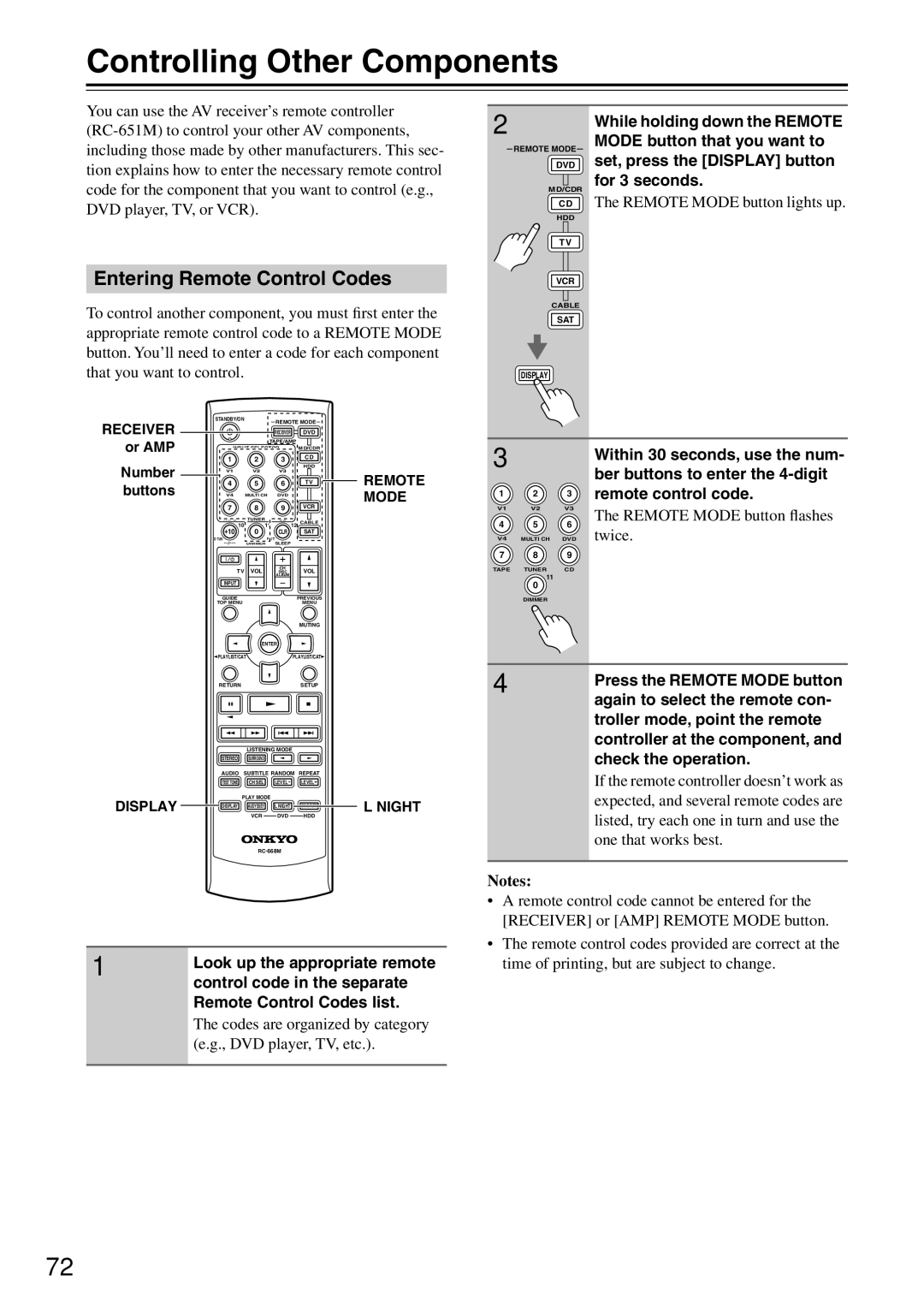 Onkyo HT-R640 instruction manual Controlling Other Components, Entering Remote Control Codes 