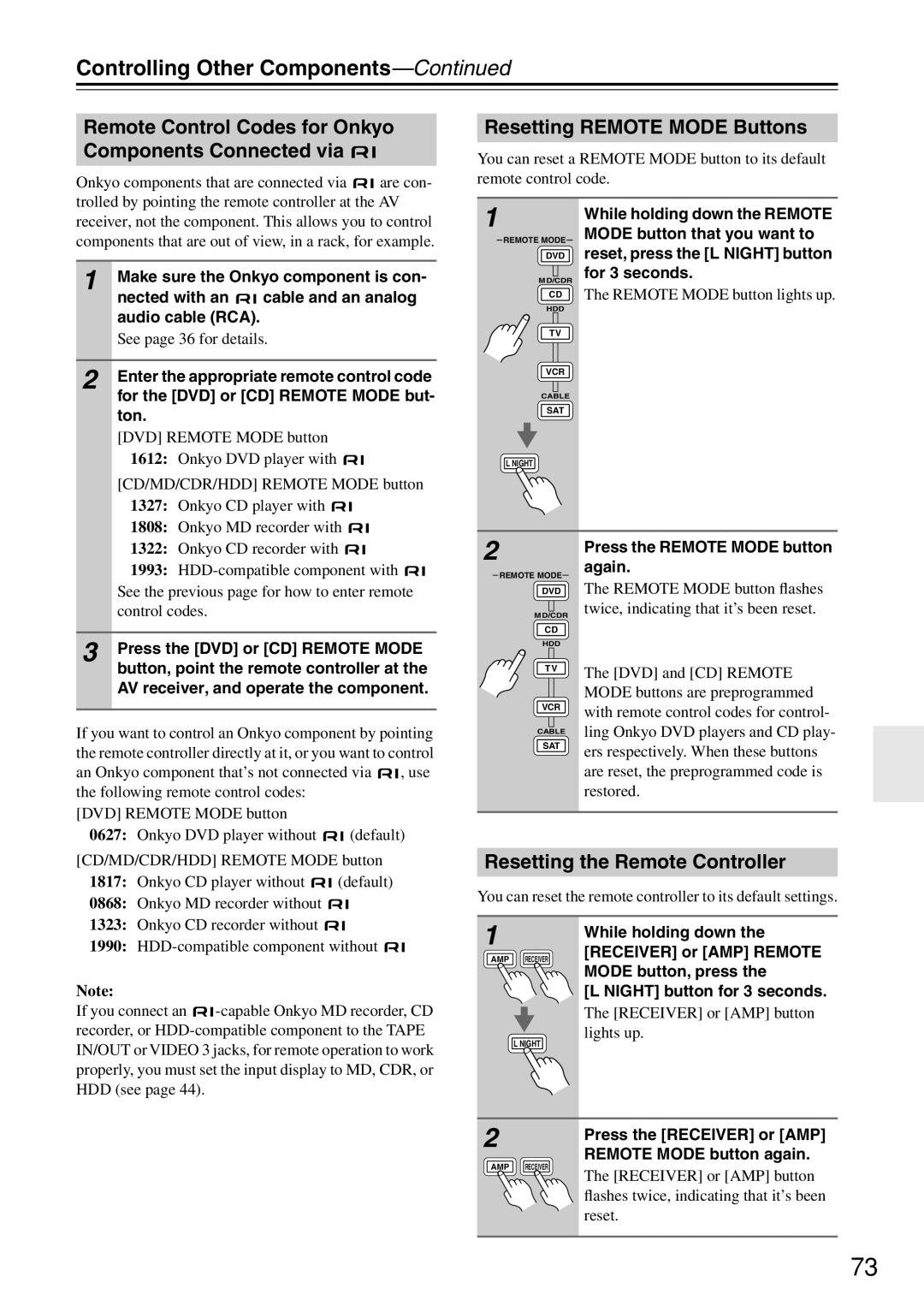 Onkyo HT-R640 instruction manual Controlling Other Components, Remote Control Codes for Onkyo Components Connected via 