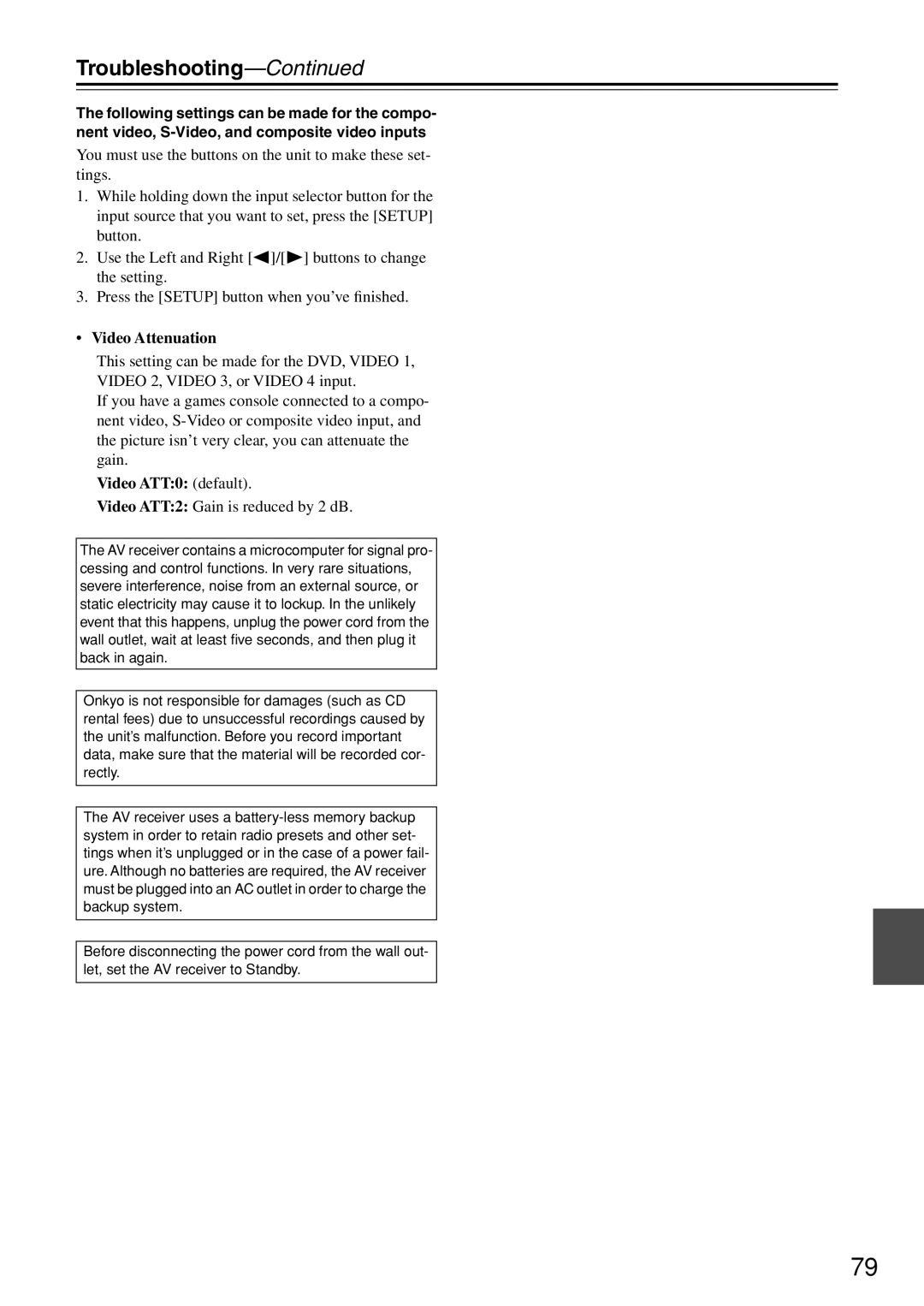 Onkyo HT-R640 instruction manual Video Attenuation, Video ATT0 default, Video ATT2 Gain is reduced by 2 dB 