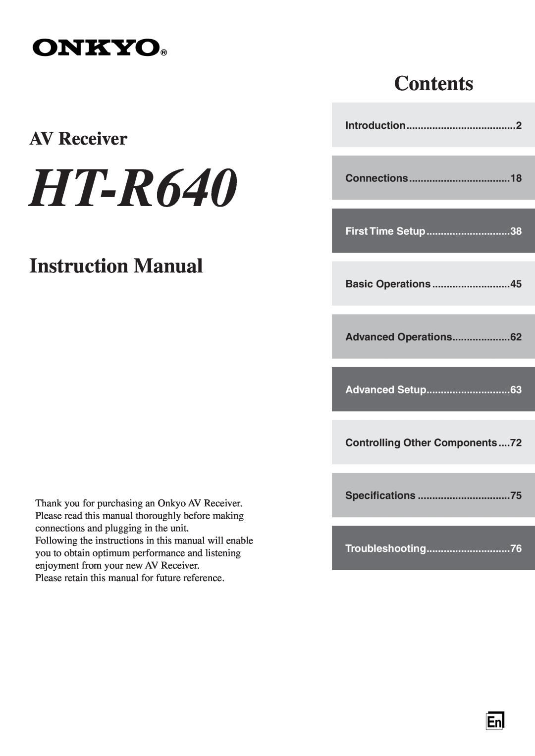Onkyo HT-R640 instruction manual Controlling Other Components, Instruction Manual, Contents, AV Receiver 
