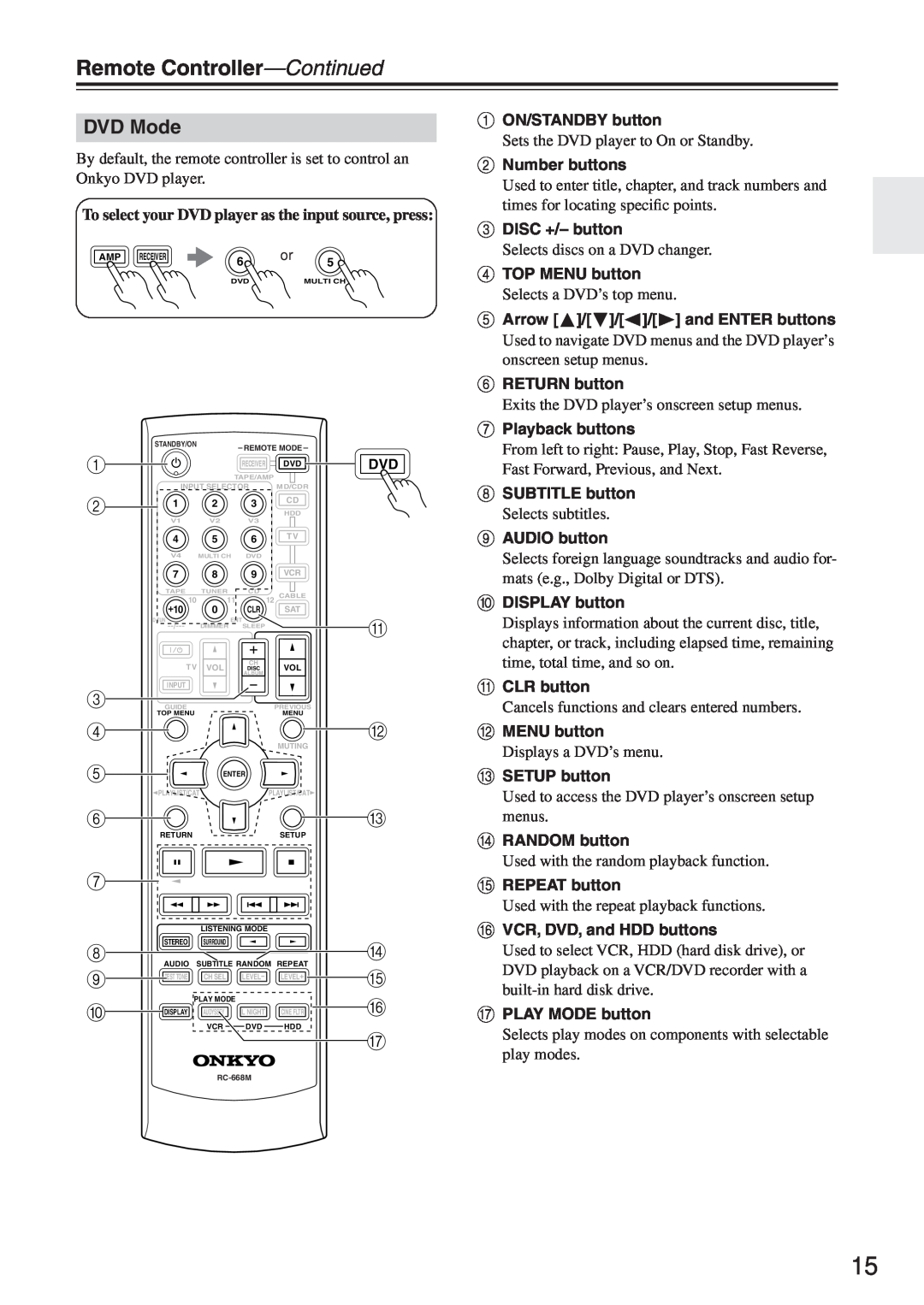 Onkyo HT-R640 DVD Mode, Remote Controller-Continued, To select your DVD player as the input source, press 