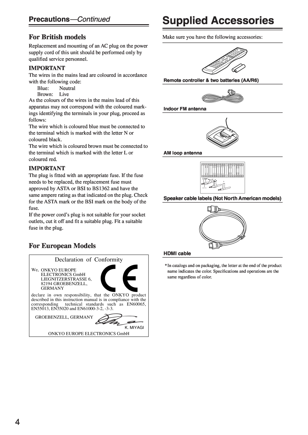 Onkyo HT-R640 instruction manual Supplied Accessories, Precautions-Continued, For British models, For European Models 
