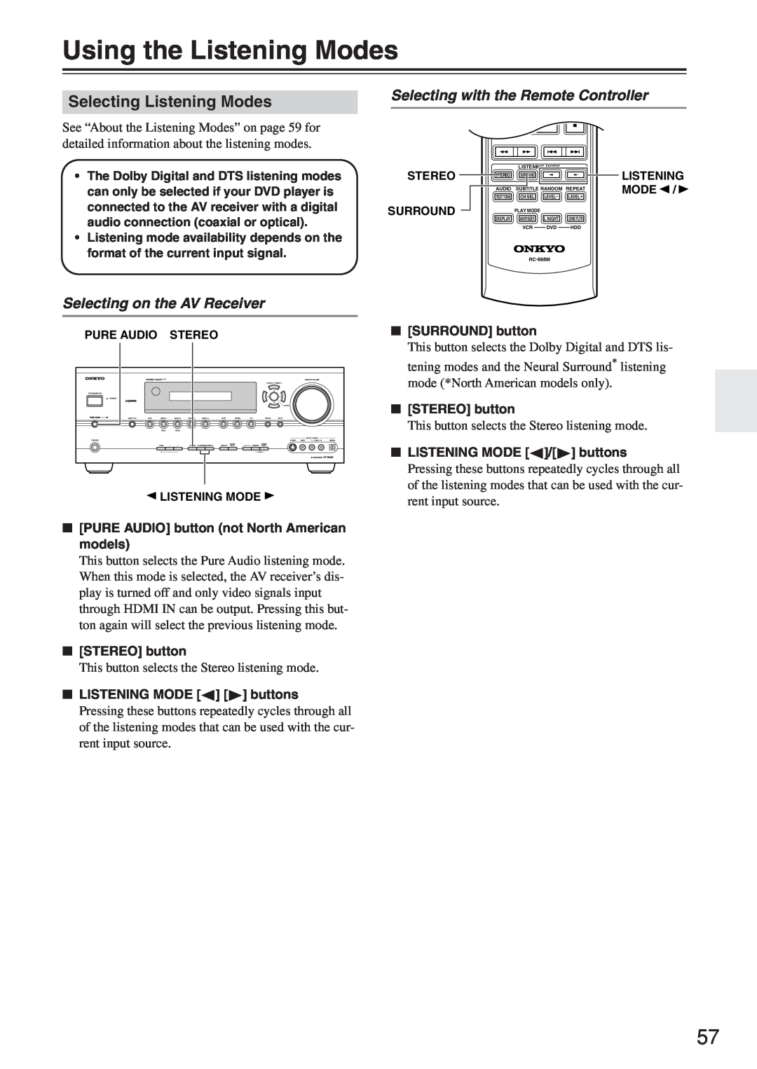 Onkyo HT-R640 instruction manual Using the Listening Modes, Selecting Listening Modes, Selecting with the Remote Controller 