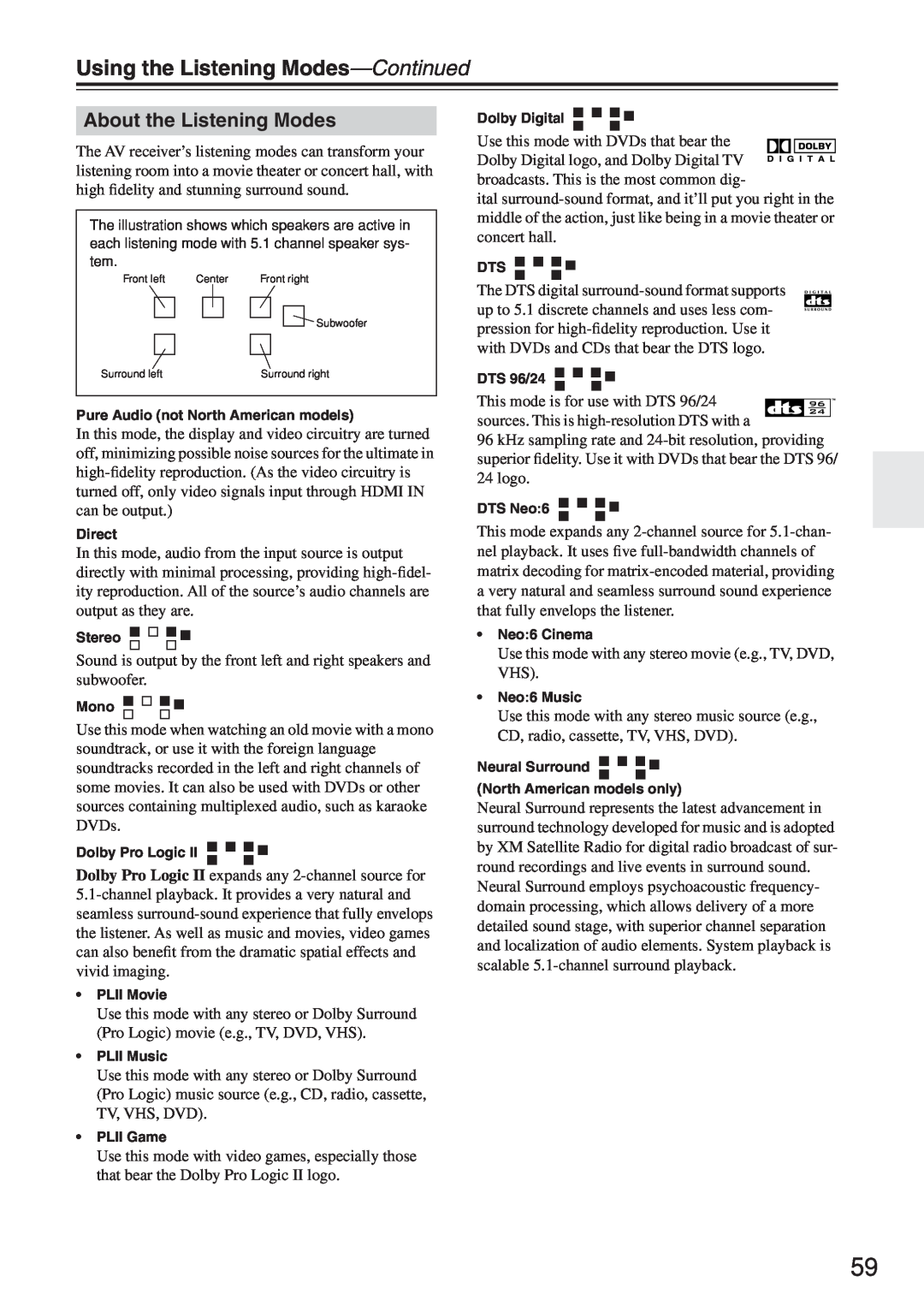 Onkyo HT-R640 instruction manual About the Listening Modes, Using the Listening Modes-Continued 