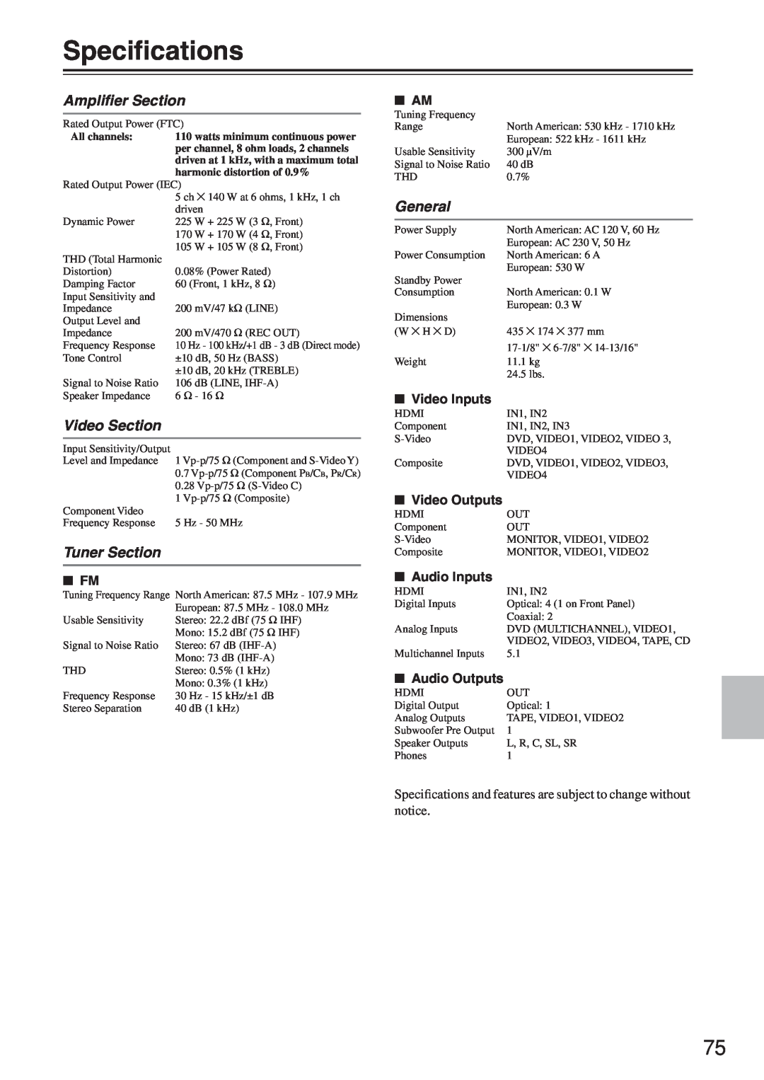 Onkyo HT-R640 instruction manual Speciﬁcations, Ampliﬁer Section, Video Section, Tuner Section, General, All channels 