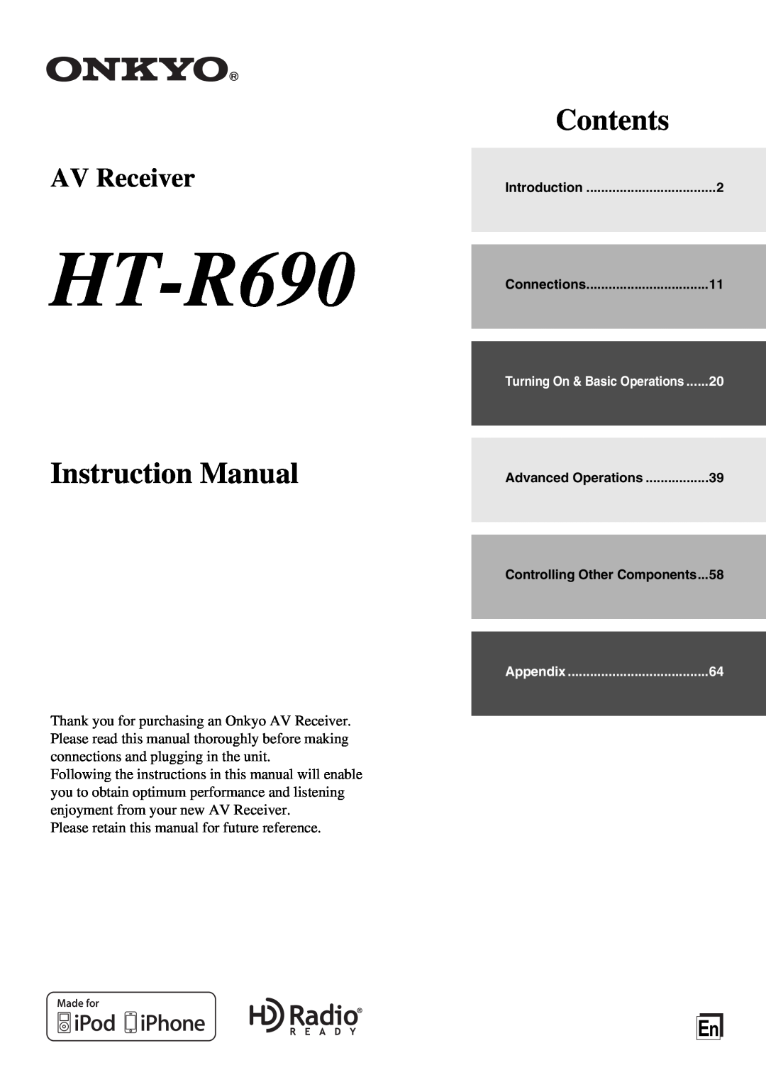 Onkyo HT-R690 instruction manual Instruction Manual, Contents, AV Receiver 