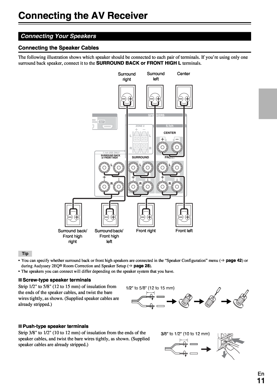 Onkyo HT-R690 instruction manual Connecting the AV Receiver, Connecting Your Speakers, Screw-typespeaker terminals 