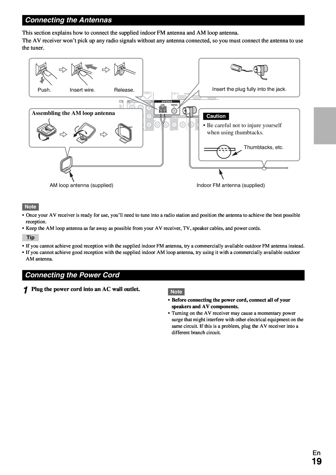 Onkyo HT-R690 instruction manual Connecting the Antennas, Connecting the Power Cord, Assembling the AM loop antenna 