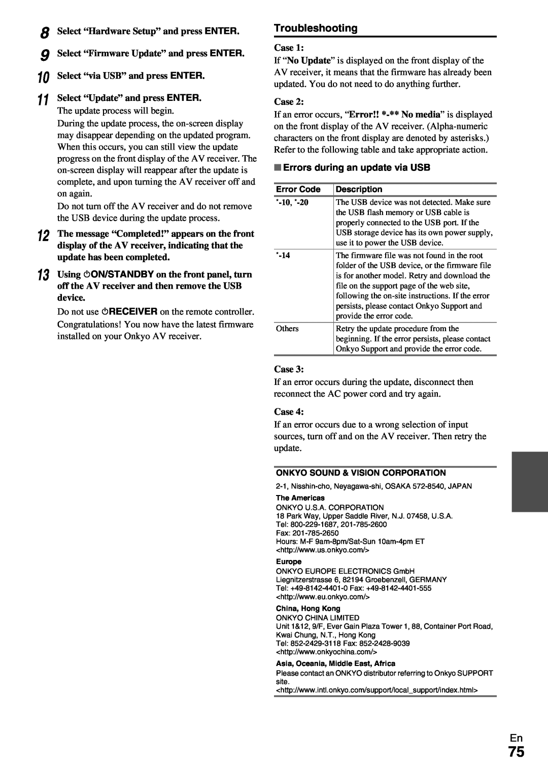 Onkyo HT-R690 instruction manual 8 9 10 11 12 13, Errors during an update via USB 