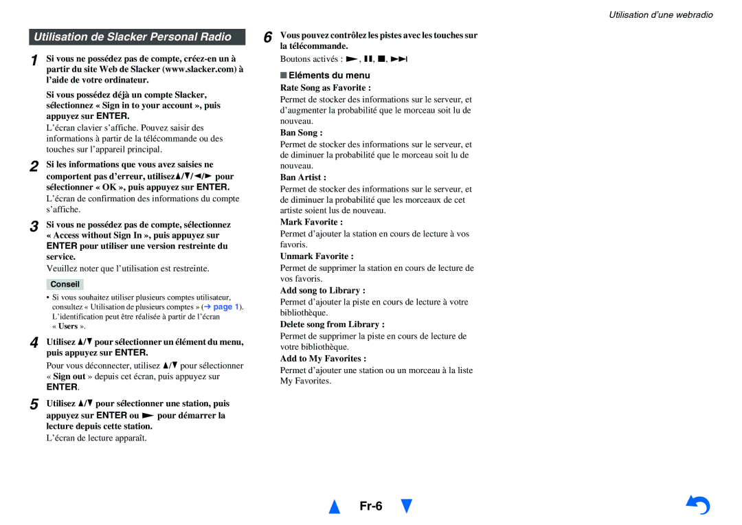 Onkyo HT-R758 instruction manual Fr-6, Utilisation de Slacker Personal Radio, La télécommande 