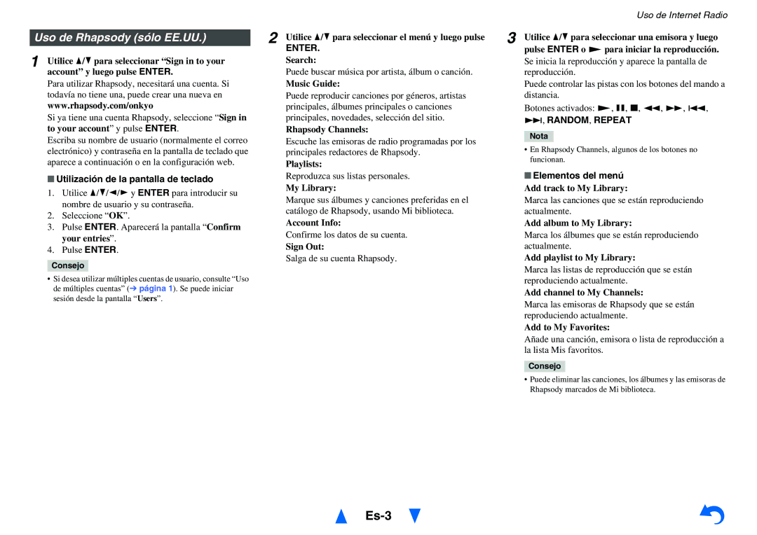 Onkyo HT-R758 instruction manual Es-3, Uso de Rhapsody sólo EE.UU, Utilización de la pantalla de teclado 