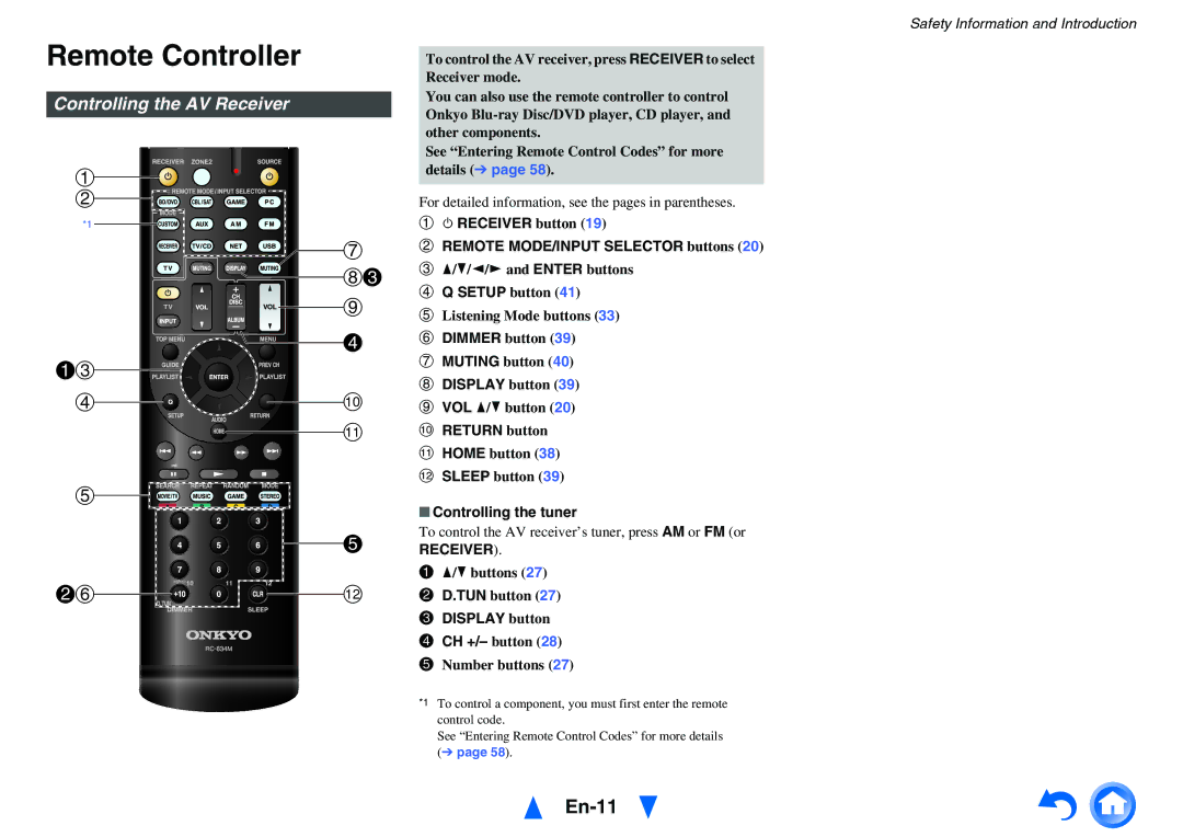 Onkyo HT-R758 instruction manual Remote Controller, En-11, Controlling the AV Receiver 