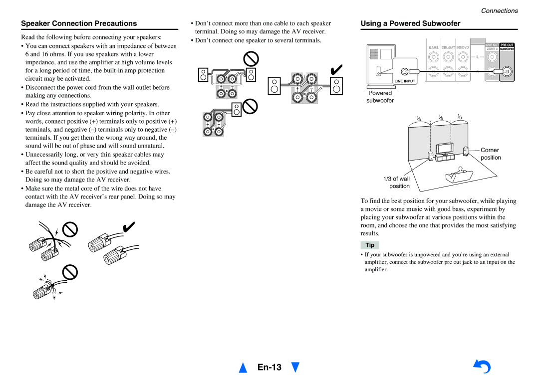 Onkyo HT-R758 instruction manual En-13, Speaker Connection Precautions, Using a Powered Subwoofer, Tip 