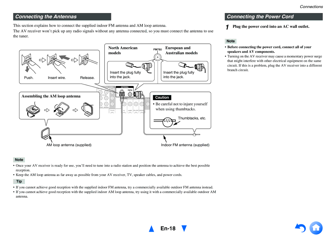 Onkyo HT-R758 instruction manual En-18, Connecting the Antennas, Connecting the Power Cord 