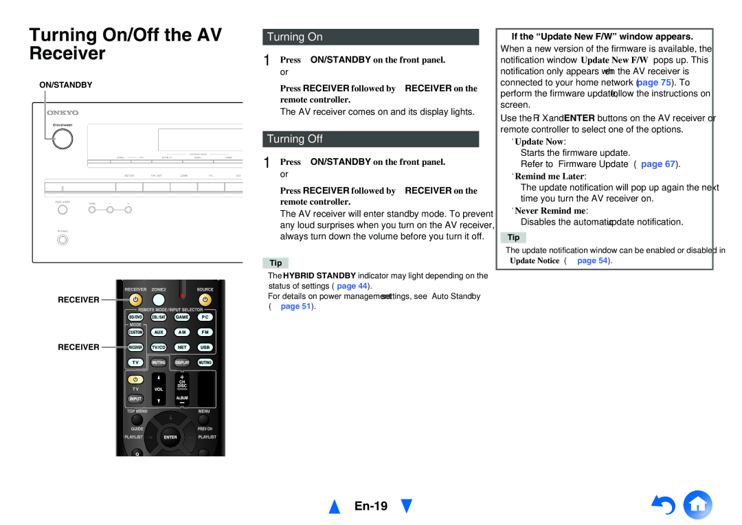 Onkyo HT-R758 instruction manual Turning On/Off the AV Receiver, En-19, Turning Off, If the Update New F/W window appears 