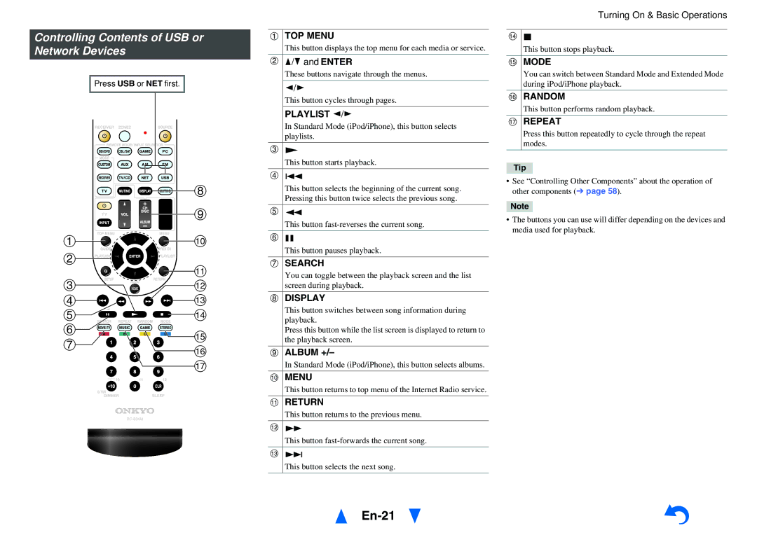 Onkyo HT-R758 instruction manual En-21, Controlling Contents of USB or Network Devices 