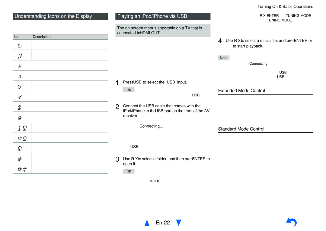 Onkyo HT-R758 En-22, Understanding Icons on the Display, Playing an iPod/iPhone via USB, Extended Mode Control 