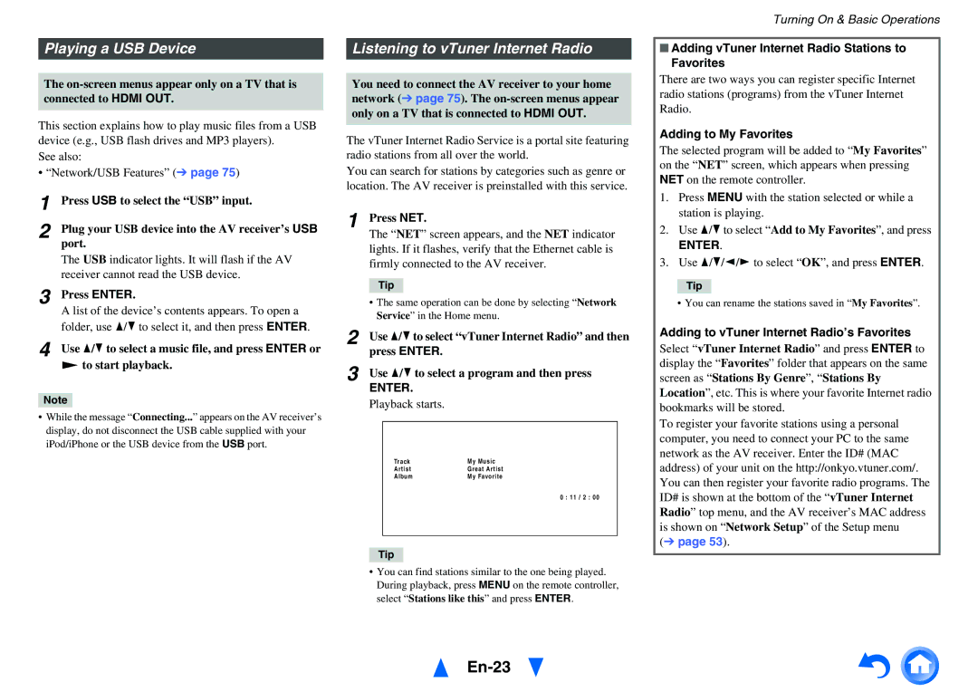 Onkyo HT-R758 instruction manual En-23, Playing a USB Device, Listening to vTuner Internet Radio 