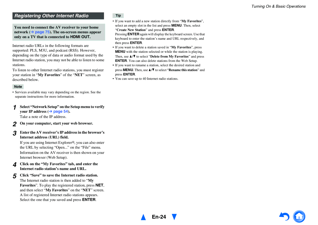 Onkyo HT-R758 instruction manual En-24, Registering Other Internet Radio, Take a note of the IP address 