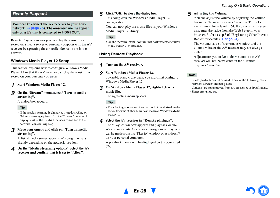 Onkyo HT-R758 instruction manual En-26, Windows Media Player 12 Setup, Using Remote Playback 