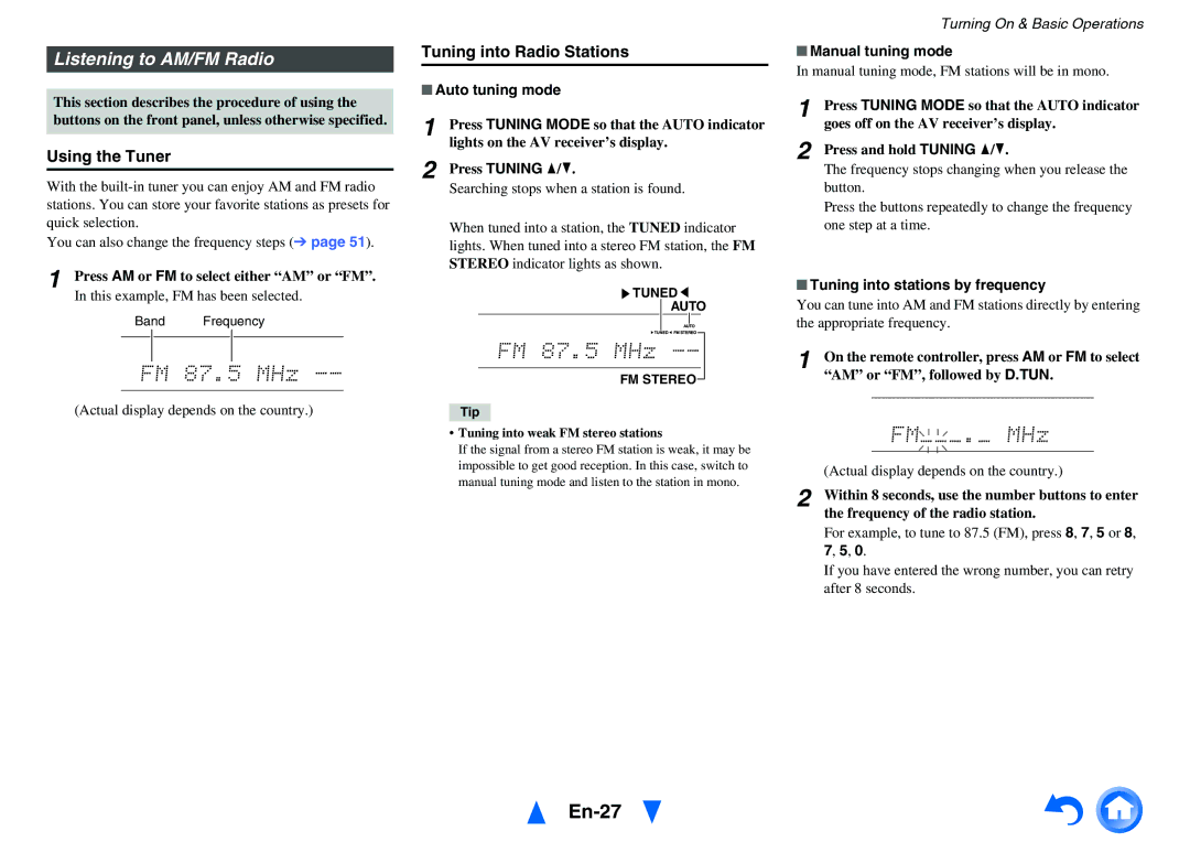 Onkyo HT-R758 instruction manual En-27, Listening to AM/FM Radio, Using the Tuner, Tuning into Radio Stations 