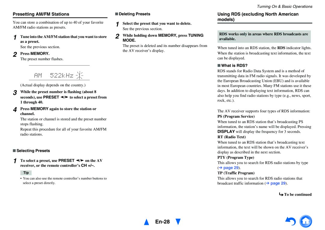 Onkyo HT-R758 instruction manual En-28, Presetting AM/FM Stations, Using RDS excluding North American models 