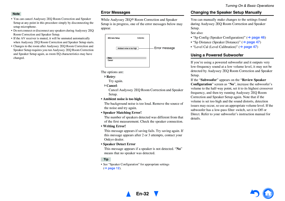 Onkyo HT-R758 instruction manual En-32, Error Messages, Changing the Speaker Setup Manually 