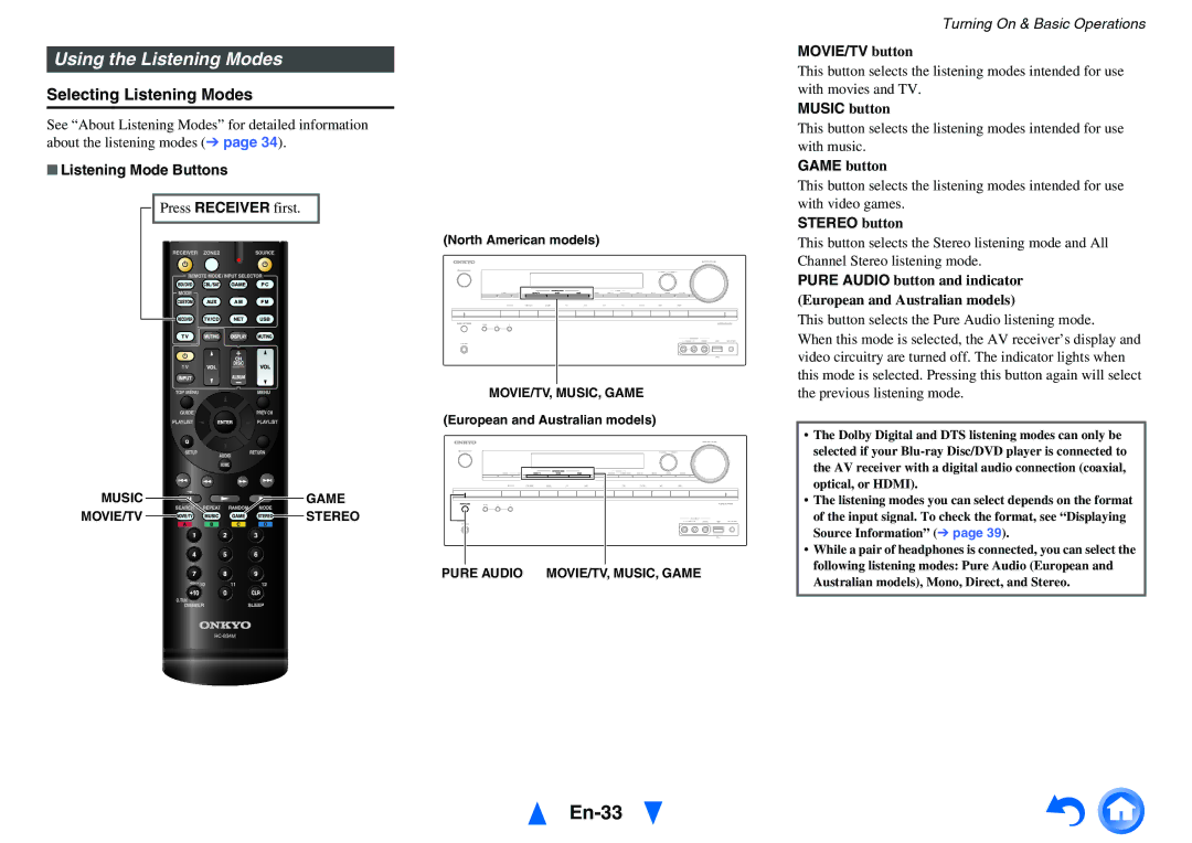 Onkyo HT-R758 instruction manual En-33, Using the Listening Modes, Selecting Listening Modes 