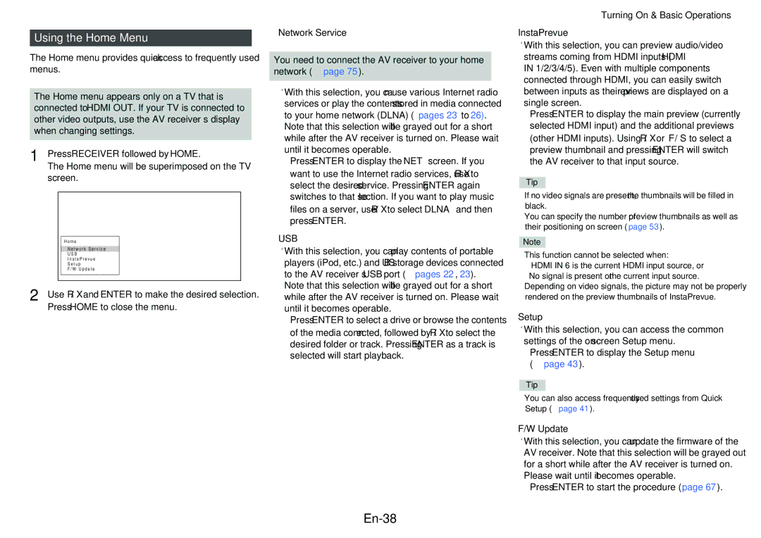 Onkyo HT-R758 instruction manual En-38, Using the Home Menu 